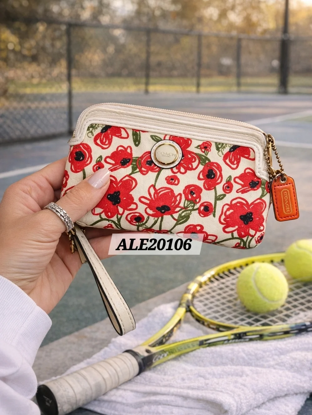 Coach Red Floral Print Canvas Wristlet Wallet Zip Pouch